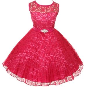 Little Girls Pleated Lace Illusion Top Sunburst Special Flowers Girls Dress Pink